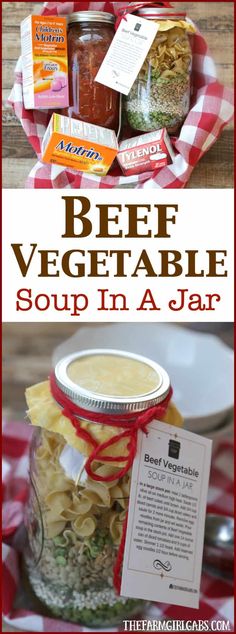 beef vegetable soup in a jar is shown with text overlay that reads beef vegetable soup in a jar