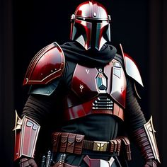 a star wars character is dressed in red and black armor, standing with his hands on his hips