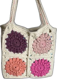 Hand Knitted Rectangular Crochet Bag For Crafting, Bohemian Granny Square Crochet Bag For Crafting, Beige Granny Square Crochet Tote Bag, Everyday Granny Square Crochet Bag, Everyday Rectangular Crochet Granny Square Bag, Everyday Rectangular Crochet Bag With Granny Square, Everyday Rectangular Granny Square Crochet Bag, Sunburst Granny Square, Bottle Bag