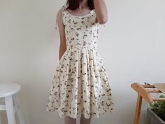 "Cream Tie Strap Cocktail Glass Print Dress - Canvas fabric - Invisible nylon zipper up back - Fixed waist - Fully lined - Pleated skirt - Ready to ship in 1-3 business days Measurements : Bust : 36\" Waist : 28\" Hips : free Length : 36.5\" Shoulder to waist : 15.5\" Model height : 5'6\" bust : 33\" waist : 25\" hips : 35\" Please read the policies tab before purchase. I can't have a model for clothes of all sizes, but I have already clearly written a model size. If you have questions about the Fitted A-line Cotton Sundress, Stretch Cotton Sleeveless Dress For Summer, Beige Cotton Sundress, Cotton A-line Sundress Sleeveless, Casual Cotton Sleeveless Lined Dress, Sleeveless Cotton Lined Sundress, Fitted Cotton Knee-length Sundress, Fitted Knee-length Cotton Sundress, Fitted Cotton A-line Sundress