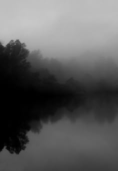 a black and white photo of trees in the fog on a lake with some water