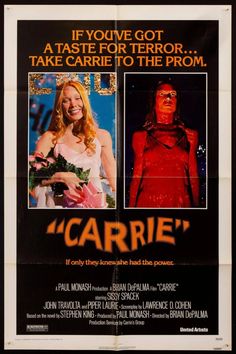 Name a more recognizable horror movie. The story of "Carrie," which is based on Steven King's book of the same name, centers on a troubled young woman who learns she possesses telekinetic powers. Watch with friends to boost morale. Grease Film, Posters Horror, Movies Minimalist, Carrie Movie, Piper Laurie, Vintage Films, Kings Movie, Posters Movie, Movies Horror