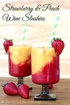 two glasses with strawberries and peach wine slushies