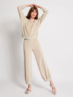 Based on the Touman pants worn by Suzie’s Albanian grandmother, the Tosk High Waist Harem is reimagined in velour. Velvet Bottoms For Fall Loungewear, Fall Velvet Bottoms For Loungewear, Fall Velvet Loungewear Bottoms, Velvet Loungewear Bottoms, Casual Velvet Loungewear Bottoms, Casual Velvet Pants For Loungewear, Casual Velvet Lounge Pants, Casual Velvet Loungewear Pants, Raglan Top