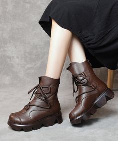 Casual Lace Up Splicing Platform Boots Dark Brown Cowhide Leather Fuzzy Wool Lined Brown Cowhide, Casual Lace, Fashion Design Drawings, Platform Boots, Platform Heels, Cowhide Leather, Dark Brown, Designs To Draw, Womens Sandals