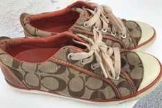 Super Cute ....Coach Barrett lace up Canvas C logo shoe sneaker. Women’s size 6 B. In good vintage condition. Please refer to pictures for accurate sizing and description. There is some wear shown in pictures, please look at soles some scuffs on the fronts of shoe. Overall ...Cute Coach signature shoes. Please email any questions Thank you for looking Happy Shopping Canvas Tennis Shoes, Tennis Shoes For Women, Coach Flats, Tan Sneakers, Logo Shoes, Logo Women, C Logo, Brown Sneakers, Womens Athletic Shoes