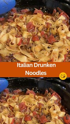 two pictures showing different types of food in pans with the words italian drunken noodles