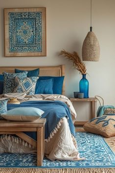 a bed room with a neatly made bed and blue decor on the wall above it