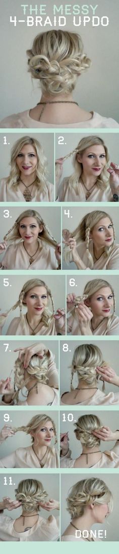 15 Cute and Easy Hairstyle Tutorials For Medium-Length Hair Hair Plait, Sanggul Modern, Diy Updo, 4 Braids, Hair Tutorials Easy, Easy Braids, Hair Wedding, Braided Updo