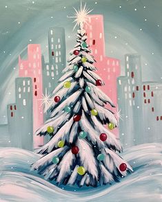 a painting of a snowy christmas tree in front of a cityscape with buildings