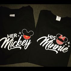 Cute His And Her- Mickey Minnie Shirts This Listing Is For The Set Of 2. Black Unisex Tshirts Please Specify Which Size For Each Shirt Ex. Her Mickey Xl His Minnie M All Of Our Items Are Custom Made/Made To Order. Processing Time Is Approx 3 Business Days. *Larger Sizes Available At An Additional Cost. Please Send Message First. Couples Disney Shirts, Mickey Shirt, Matching Disney Shirts, Minnie Shirt, Disney Shirt, Anniversary Trips, Vacation Shirts, Disney Shirts, Matching Couples