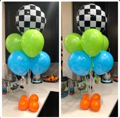 two pictures of balloons and oranges on a counter top, one is green and the other is blue