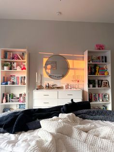 a bedroom with bookshelves and a mirror on the wall next to a bed