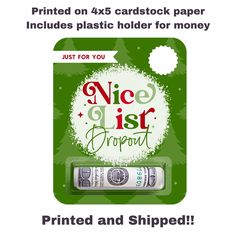 an ad for the nice list project with money in front of it and text that reads, printed on 4x5 cardstock paper includes plastic holder for money