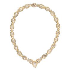 Elegance encapsulated in gold and diamonds, this estate Van Cleef & Arpels 42.00cttw diamond necklace is a breathtaking testament to the craftsmanship and timeless beauty that define the renowned house. Crafted in 18k yellow gold, this exquisite piece is a manifestation of Van Cleef & Arpels' commitment to creating pieces that are not just accessories but wearable art. The necklace, affectionately known as "Ganse," is a masterpiece of design. The round diamonds, meticulously set, create a mesmer Van Cleef Arpels Diamond, Gold Vans, Vintage Diamond Jewelry, Vintage Choker Necklace, Geek Jewelry, Pearl And Diamond Necklace, Van Cleef And Arpels, Gold Choker Necklace, Expensive Jewelry