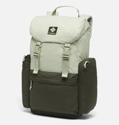 a backpack that is white and green