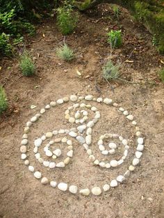 a circle made out of rocks in the middle of a dirt area with plants and bushes around it