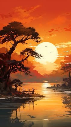 the sun is setting over water and trees