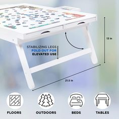 a white table with instructions on how to use the legs and foot rest for seating