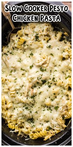 a skillet filled with chicken pasta and cheese