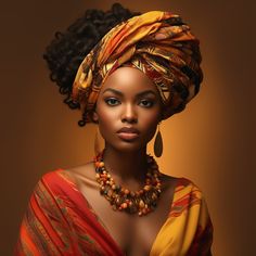 an african woman wearing a yellow and red dress with beads on her head, in front of a brown background