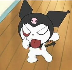 a cartoon character holding a baseball bat and wearing a black hat with an evil look on it's face