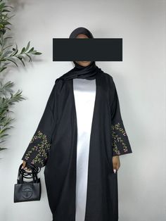 Open Abaya with flowers embroidery details Abaya Black, Image Composition, Open Abaya, Flowers Embroidery, Embroidery Details, Hijab Fashion, Embellishments, Embroidery, Flowers