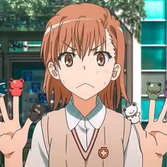 an anime character holding two fingers up in front of her face, and the other hand is