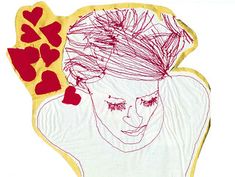 a drawing of a woman's face with red hearts on the side and yellow background