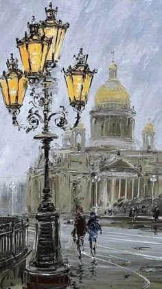 a painting of two people walking down the street in front of st paul's cathedral