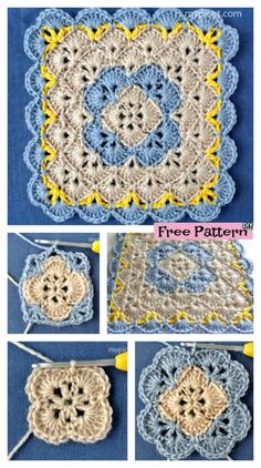 crocheted doily is shown with four different pictures and the words, free pattern