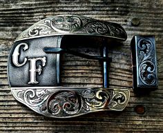 Custom men's western belt buckle with nickel overlay and initials. BluegrassEngraving.com. Ranger Belt, Cowboy Spurs, Custom Belt Buckles, Cattle Brands, Western Artwork, Cowboy Gear, Boot Bling, Cowboy Belt