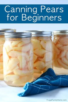 four jars filled with sliced apples sitting on top of a white counter next to a blue towel