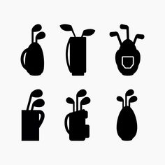 the silhouettes of golf clubs and tees are shown in black on a white background