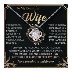 a necklace with the words to my beautiful wife on it