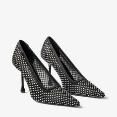 Ixia 95 | Black Satin Crystal Mesh Pumps | JIMMY CHOO Designer Embellished Black Heels, Designer Black Embellished Heels, Heels Dior, Bridal Handbags, Bridesmaid Bags, Modern Shoes, Sneaker Dress Shoes, Classic Pumps, Jimmy Choo Shoes