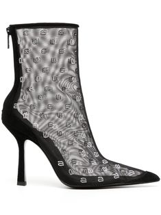 crystal-logo mesh boots from ALEXANDER WANG featuring black, calf leather, crystal embellishment, mesh detailing, ankle-length, rear zip fastening, pointed tip and stiletto heel. Alexander Wang Boots, Mesh Boots, Shoe Store Design, Alexander Wang Shoes, Crystal Logo, Boots Platform, Moccasin Boots, Pointed Toe Boots, Brown Ankle Boots