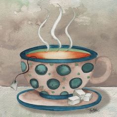 a painting of a coffee cup with tea and sugar cubes on the saucer