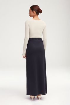 Experience effortless style with our Essential Jersey Maxi Skirt. Made from luxurious jersey fabric, this skirt offers a stretchy and comfortable fit. The straight cut design provides a modest fit, perfect for any occasion. Elevate your wardrobe with this must-have essential piece. Model is 5'6 wearing a size XS. Jersey Maxi Skirt, Modest Fits, Blue Skirt, Beautiful Gift Boxes, Cut Design, Straight Cut, Jersey Fabric, Effortless Style, Beautiful People