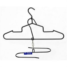 a black hanger with a blue tag hanging from it's end on a white background