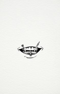 a black and white drawing of an open mouth with toothbrushes in it's teeth