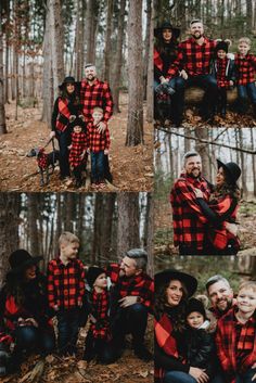 the family is posing for pictures in the woods with their dog and two children, all wearing red plaid shirts