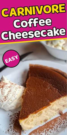 a piece of cheesecake on a plate with whipped cream in the middle and pink text overlay