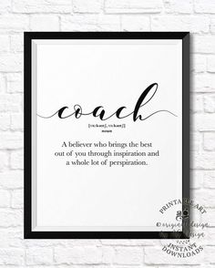 a black and white print with the words coach on it in cursive writing