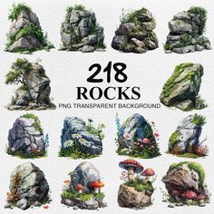 watercolor rocks and plants are shown in this graphic art workbook, with the title'28 rocks png transparent background '