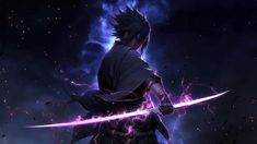 an anime character holding two swords in front of a dark background with purple lightnings