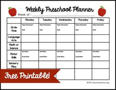 the weekly preschool planner with an apple on it