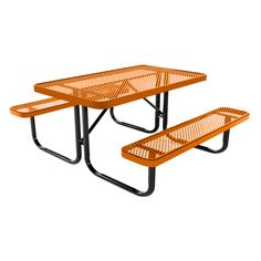 an orange picnic table with two benches next to each other on a white background,