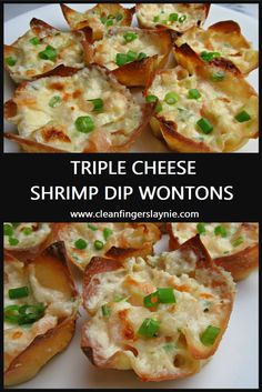 the recipe for triple cheese shrimp dip wontons is shown on a white plate