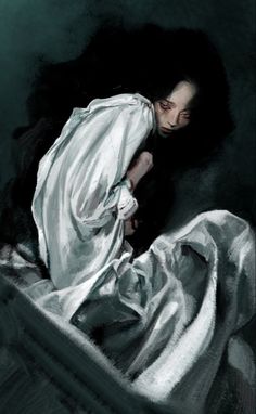 a painting of a woman wrapped up in a white blanket with her hands on her chest